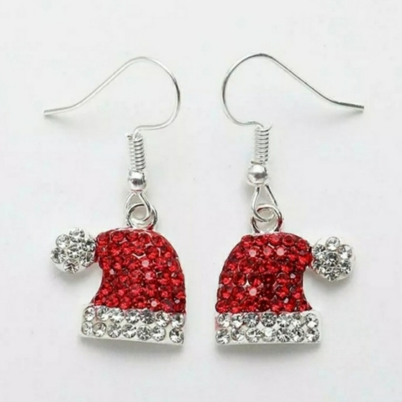 Red Crystal Rhinestone Santa Claus Hat Dangle Drop Earrings - Picture 2 of 6